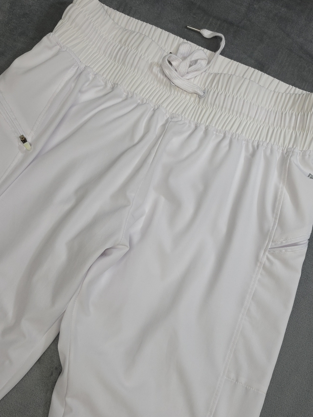 Women's L White Smocked-Waist Track Joggers with Zippered Pockets Parachute